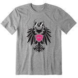 Heather Gray short sleeve T-shirt featuring a bold black winged skull wearing sunglasses, finished with a bright pink Double Diamond shield at the center.