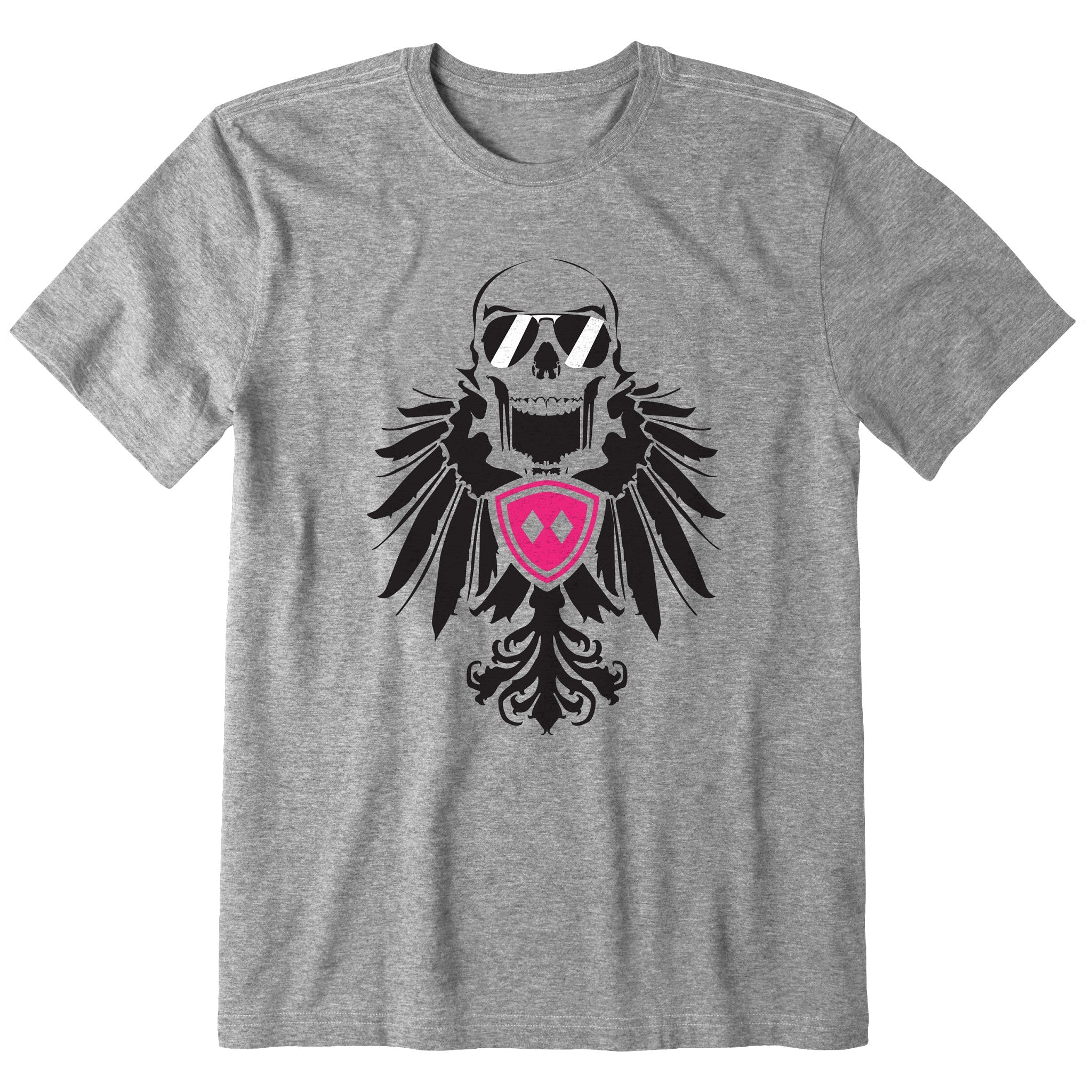 Heather Gray short sleeve T-shirt featuring a bold black winged skull wearing sunglasses, finished with a bright pink Double Diamond shield at the center.