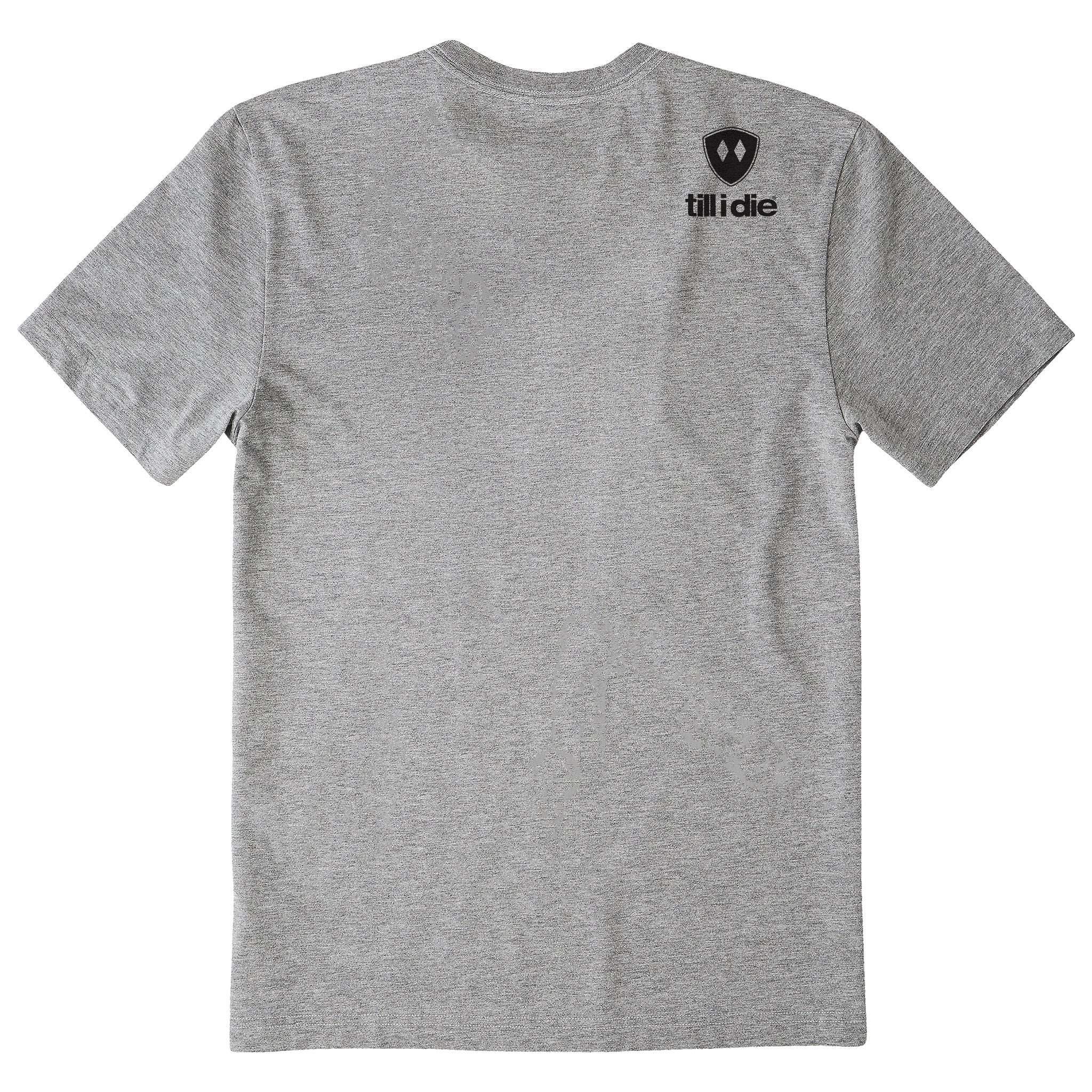 A heather gray short-sleeve t-shirt shown from the back, featuring a double diamond shield and the brand name 'till i die' printed on the upper right back.