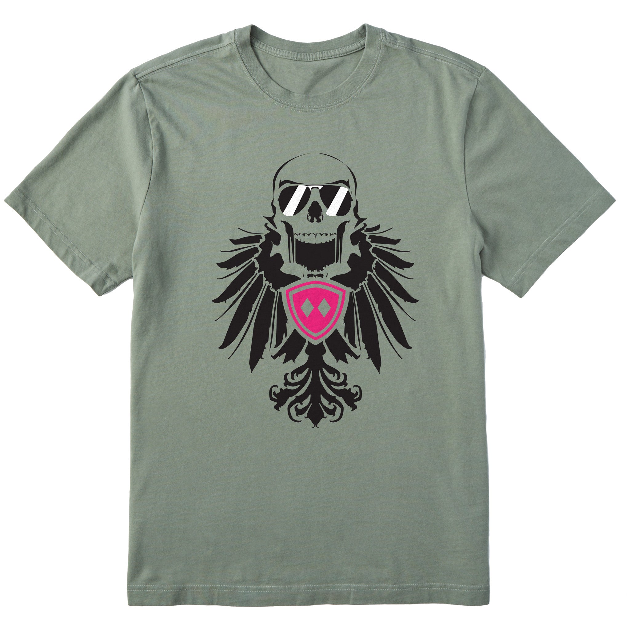 Light green short sleeve T-shirt featuring a bold black winged skull wearing sunglasses, finished with a bright pink Double Diamond shield at the center.