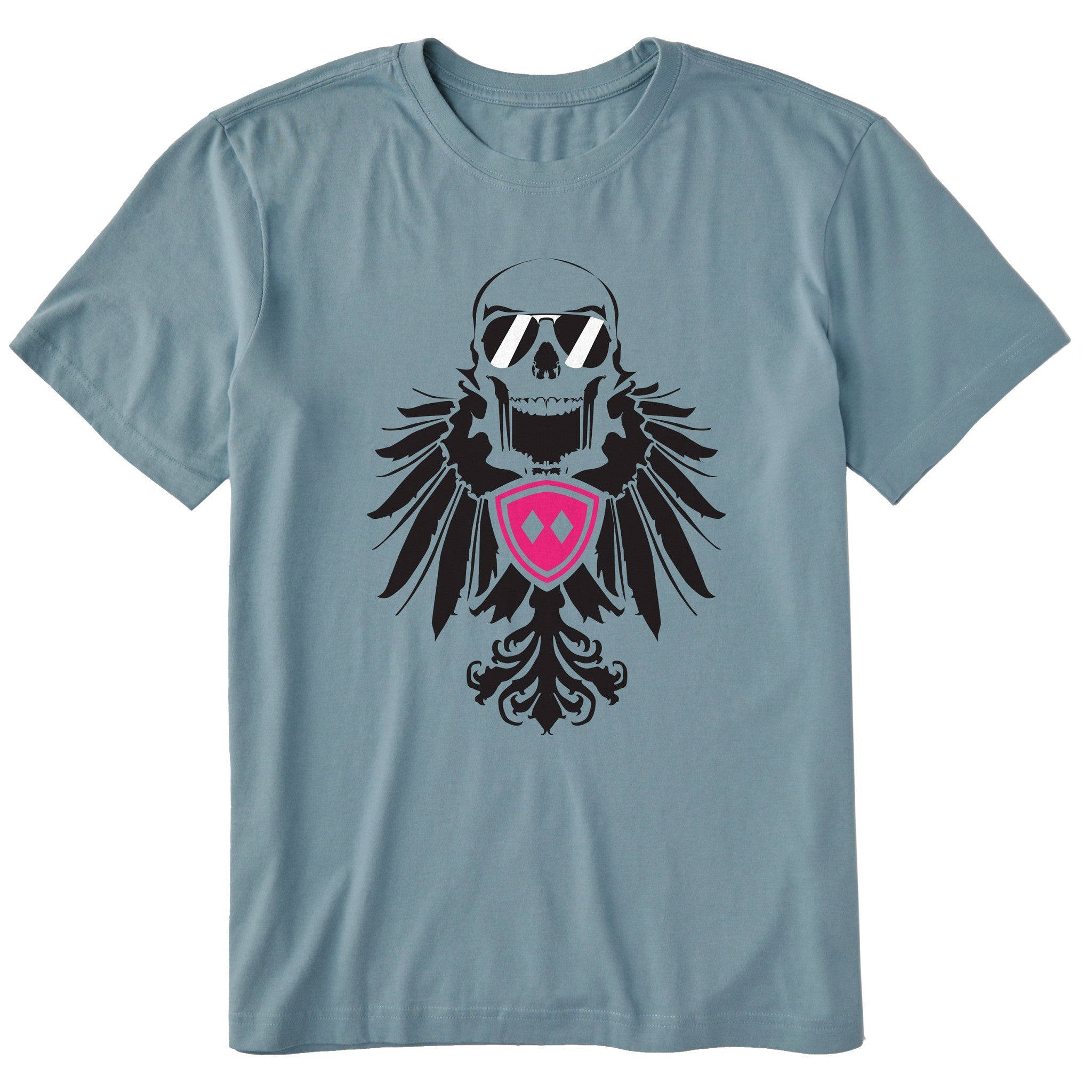 Dusty blue short sleeve T-shirt featuring a bold black winged skull wearing sunglasses, finished with a bright pink Double Diamond shield at the center.