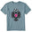 Dusty blue short sleeve T-shirt featuring a bold black winged skull wearing sunglasses, finished with a bright pink Double Diamond shield at the center.