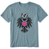 Dusty blue short sleeve T-shirt featuring a bold black winged skull wearing sunglasses, finished with a bright pink Double Diamond shield at the center.
