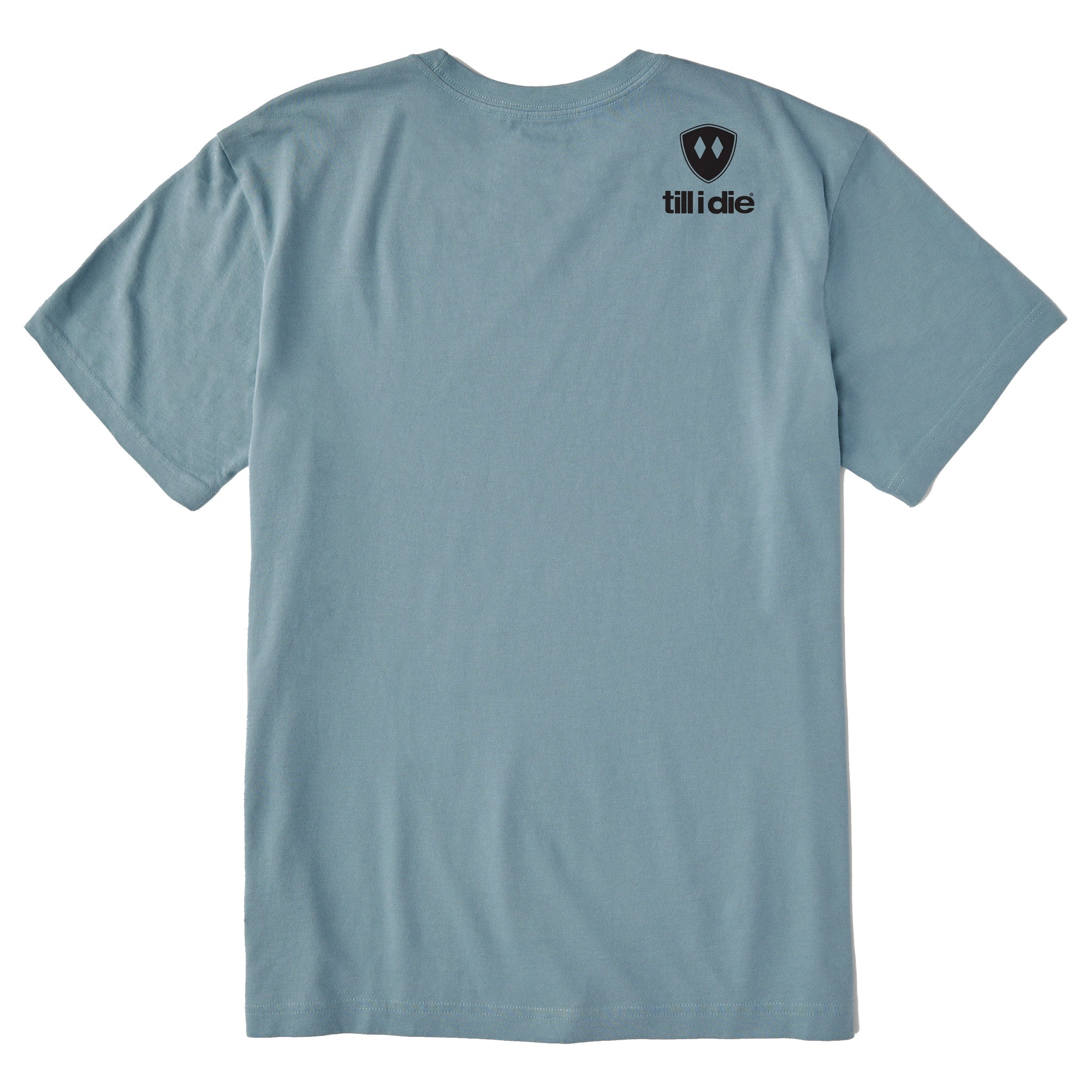 A light blue crewneck t-shirt shown from the back, featuring a double diamond shield and the brand name 'till i die' printed on the upper right back.