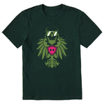 Forest green short sleeve T-shirt featuring a bold military green winged skull wearing sunglasses, finished with a bright pink Double Diamond shield at the center.
