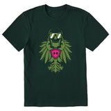 Forest green short sleeve T-shirt featuring a bold military green winged skull wearing sunglasses, finished with a bright pink Double Diamond shield at the center.