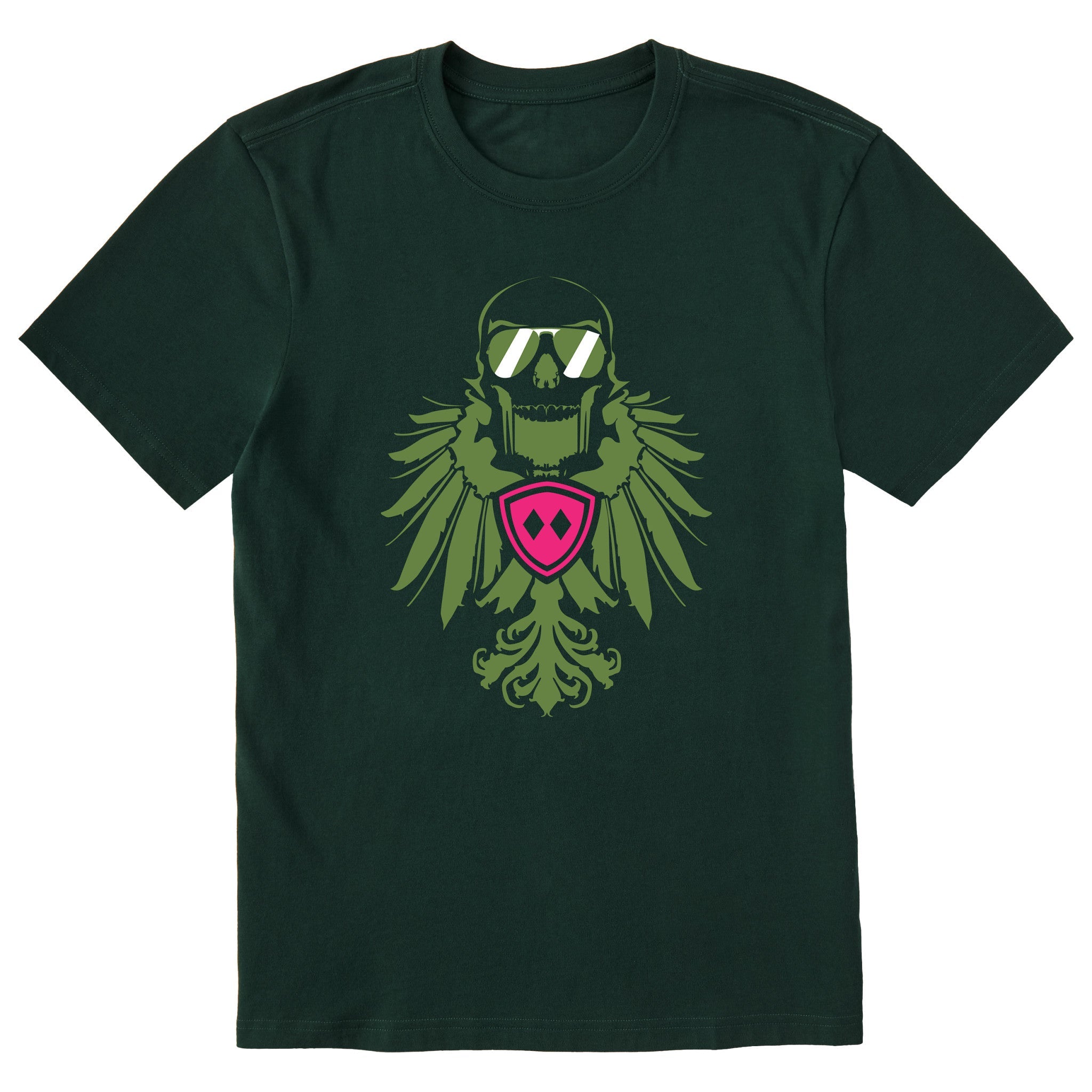 Forest green short sleeve T-shirt featuring a bold military green winged skull wearing sunglasses, finished with a bright pink Double Diamond shield at the center.