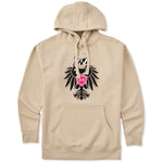 Beige hoodie featuring a bold black winged skull wearing sunglasses, finished with a bright pink Double Diamond shield at the center.