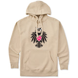 Beige hoodie featuring a bold black winged skull wearing sunglasses, finished with a bright pink Double Diamond shield at the center.