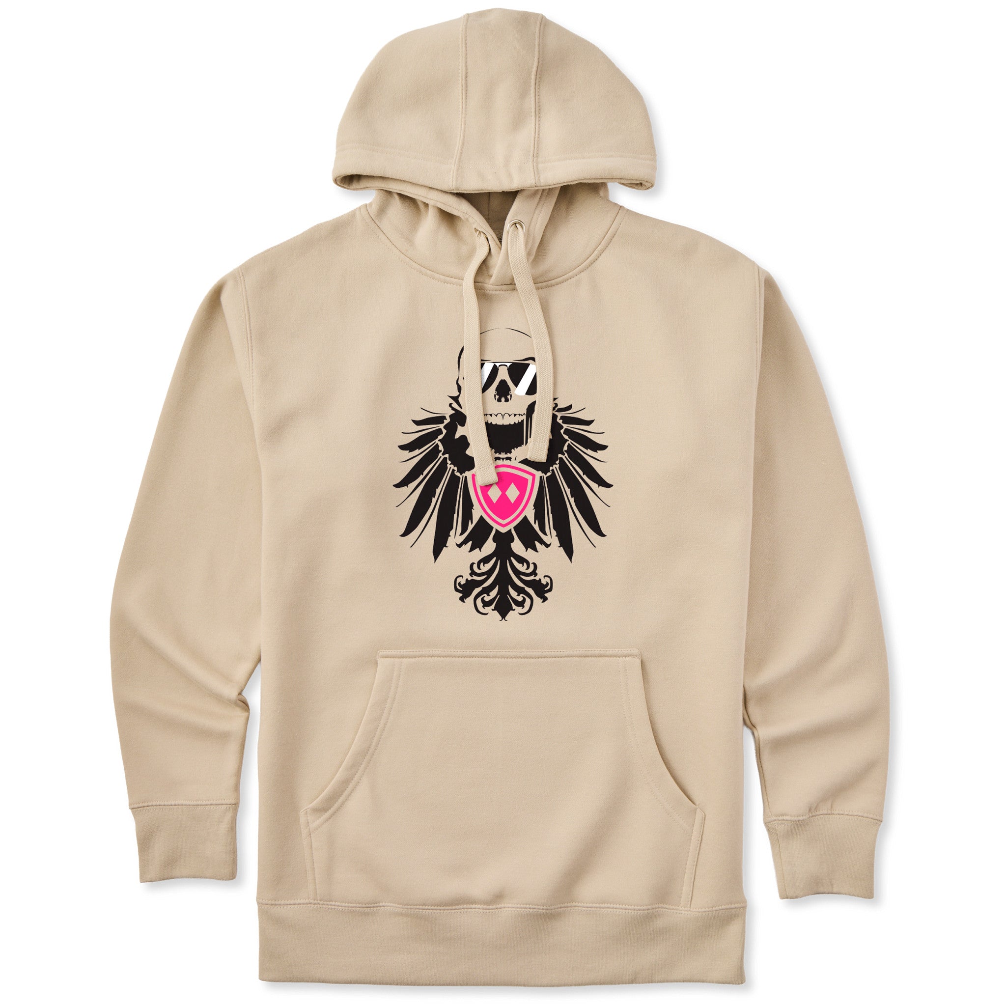 Beige hoodie featuring a bold black winged skull wearing sunglasses, finished with a bright pink Double Diamond shield at the center.