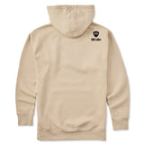 A beige hoodie shown from the back, featuring the double diamond shield logo and the text 'till i die' on the upper right shoulder, set against a plain white background.