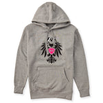 Heather gray hoodie featuring a bold black winged skull wearing sunglasses, finished with a bright pink Double Diamond shield at the center.