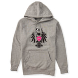 Heather gray hoodie featuring a bold black winged skull wearing sunglasses, finished with a bright pink Double Diamond shield at the center.