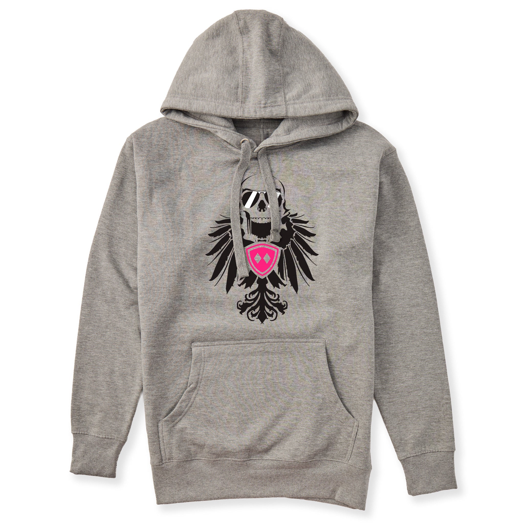 Heather gray hoodie featuring a bold black winged skull wearing sunglasses, finished with a bright pink Double Diamond shield at the center.