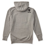 A heather gray hoodie shown from the back, featuring the double diamond shield logo and the text 'till i die' on the upper right shoulder, set against a plain white background.