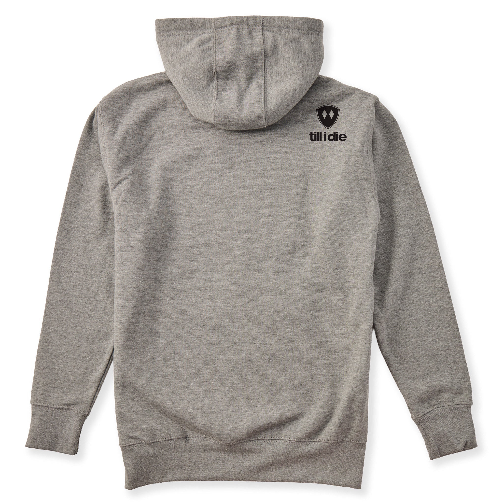 A heather gray hoodie shown from the back, featuring the double diamond shield logo and the text 'till i die' on the upper right shoulder, set against a plain white background.
