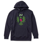 Navy hoodie featuring a bold military green winged skull wearing sunglasses, finished with a bright pink Double Diamond shield at the center.