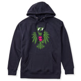 Navy hoodie featuring a bold military green winged skull wearing sunglasses, finished with a bright pink Double Diamond shield at the center.