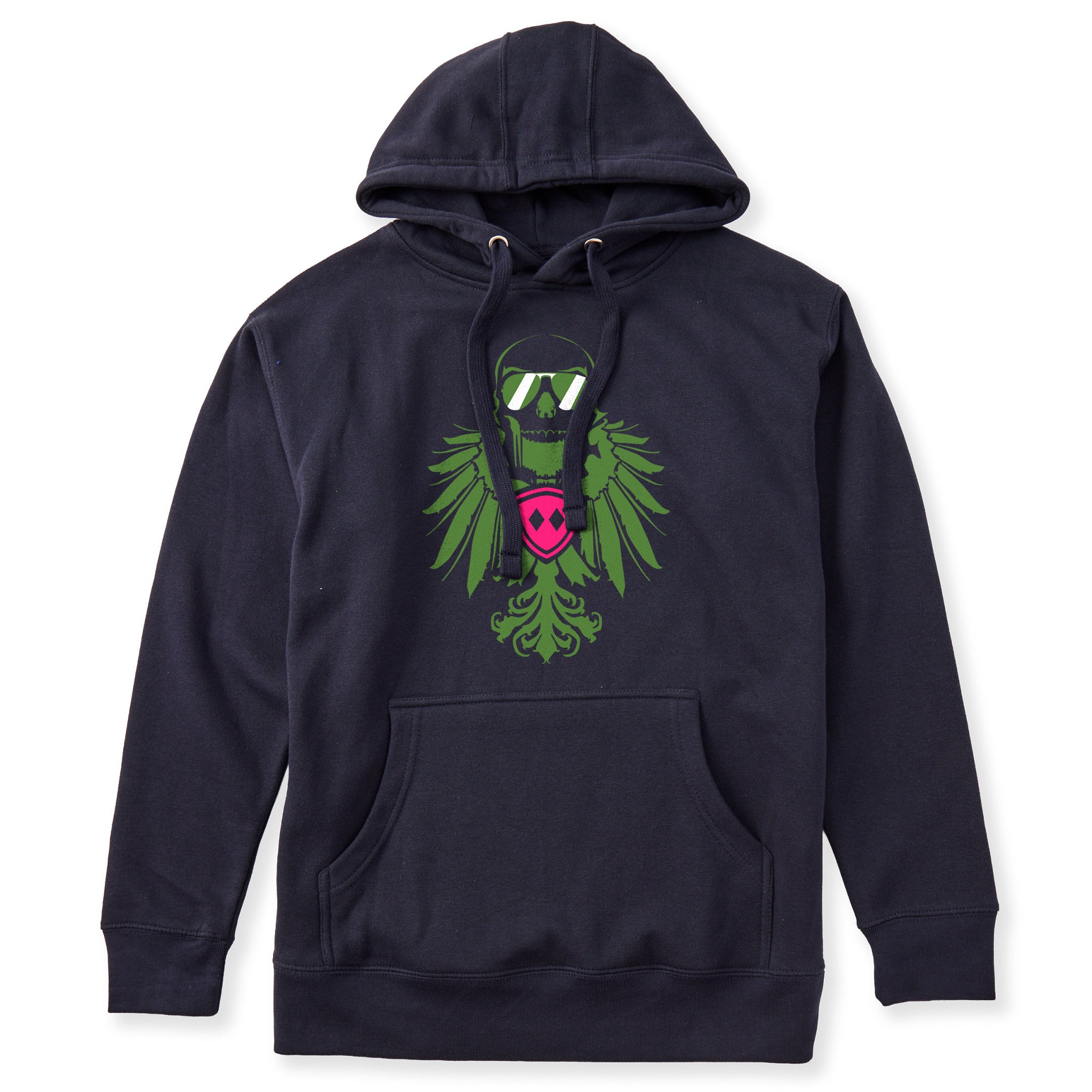 Navy hoodie featuring a bold military green winged skull wearing sunglasses, finished with a bright pink Double Diamond shield at the center.
