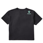 A faded black cropped tee shirt shown from the back, featuring the double diamond shield logo and the text 'till i die' on the upper right shoulder, set against a plain white background.