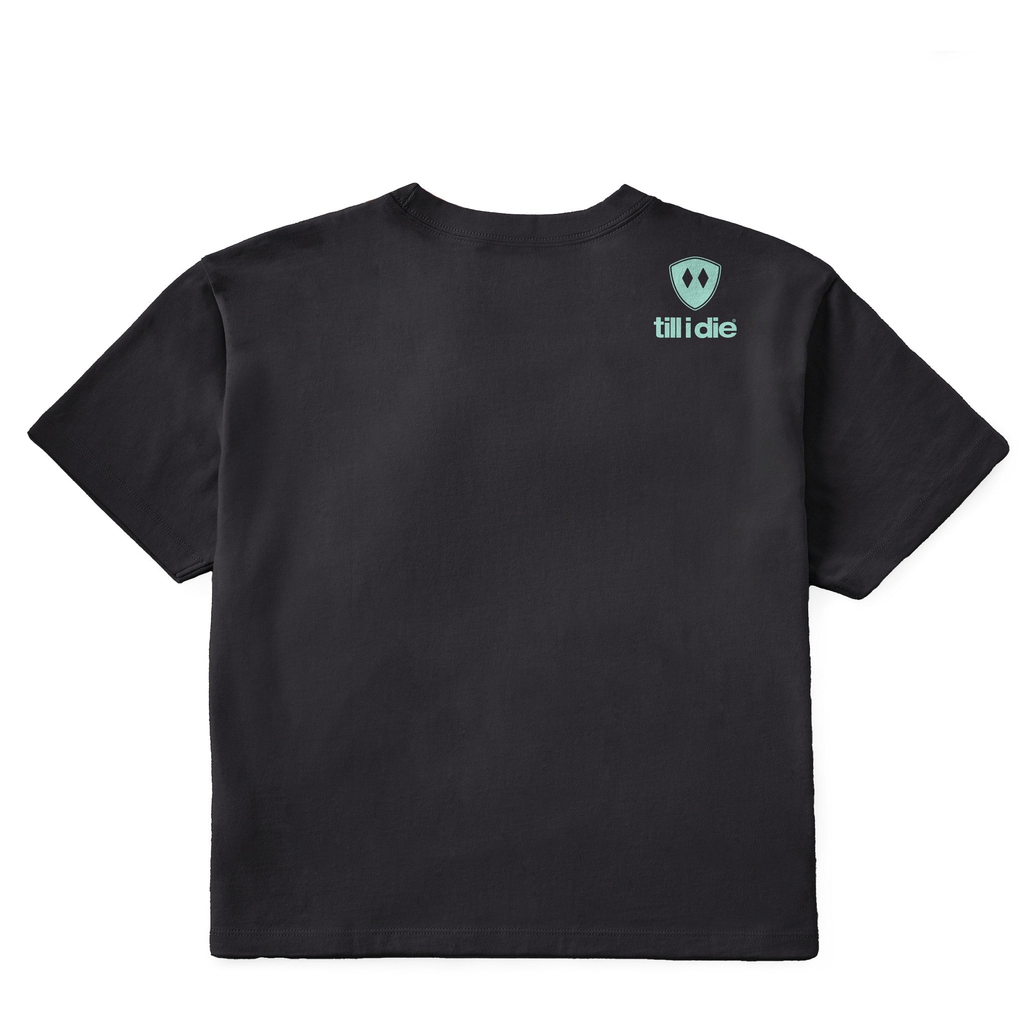 A faded black cropped tee shirt shown from the back, featuring the double diamond shield logo and the text 'till i die' on the upper right shoulder, set against a plain white background.