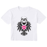 White cropped short sleeve T-shirt featuring a bold black winged skull wearing sunglasses, finished with a bright pink Double Diamond shield at the center.