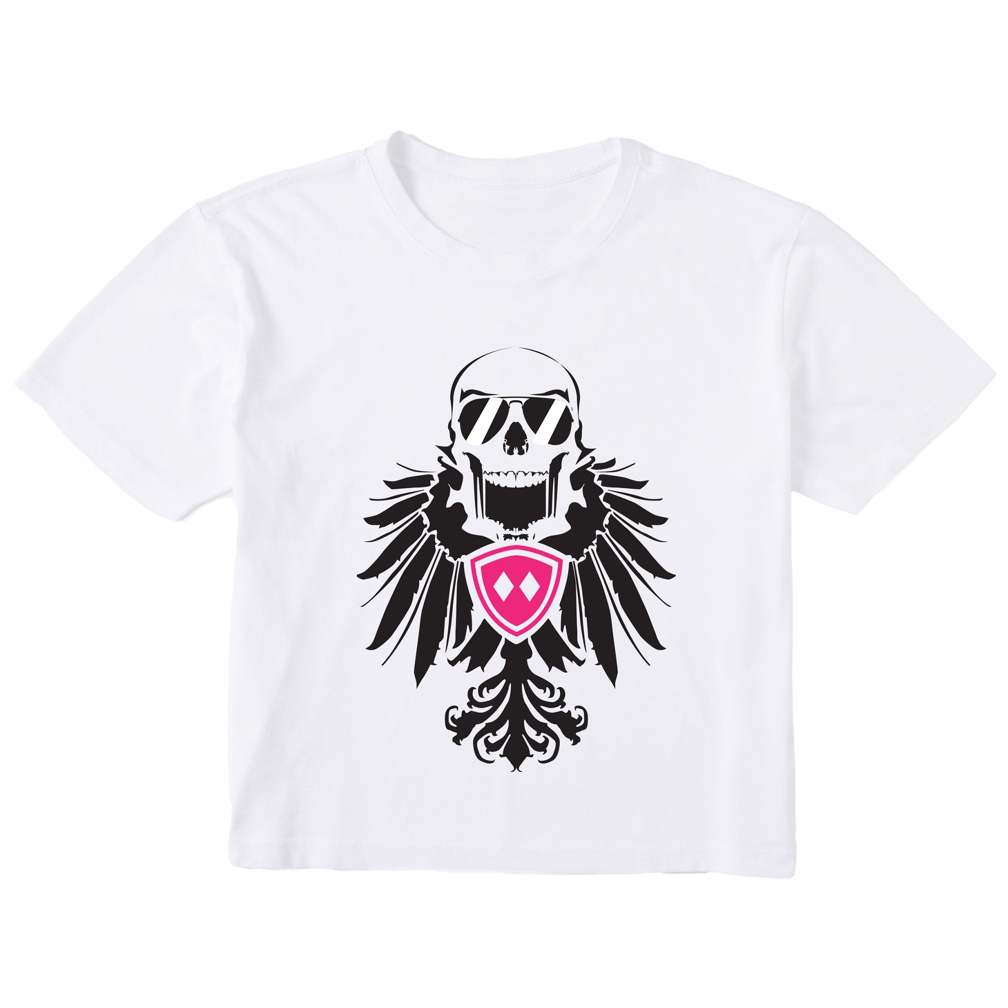 White cropped short sleeve T-shirt featuring a bold black winged skull wearing sunglasses, finished with a bright pink Double Diamond shield at the center.