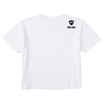 A white cropped tee shirt shown from the back, featuring the double diamond shield logo and the text 'till i die' on the upper right shoulder, set against a plain white background.