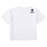 A white cropped tee shirt shown from the back, featuring the double diamond shield logo and the text 'till i die' on the upper right shoulder, set against a plain white background.
