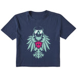 Navy cropped short sleeve T-shirt featuring a bold teal winged skull wearing sunglasses, finished with a bright pink Double Diamond shield at the center.