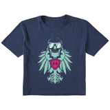 Navy cropped short sleeve T-shirt featuring a bold teal winged skull wearing sunglasses, finished with a bright pink Double Diamond shield at the center.