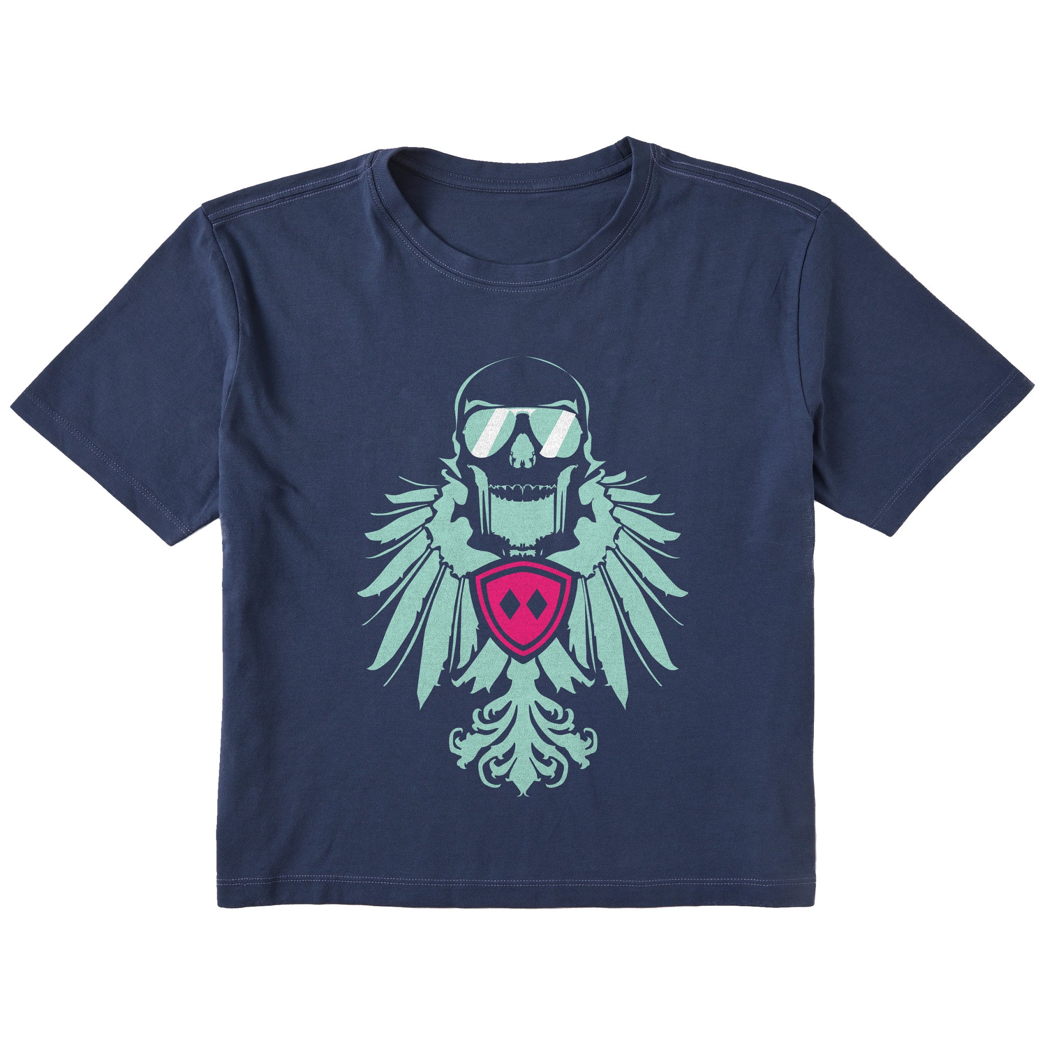 Navy cropped short sleeve T-shirt featuring a bold teal winged skull wearing sunglasses, finished with a bright pink Double Diamond shield at the center.