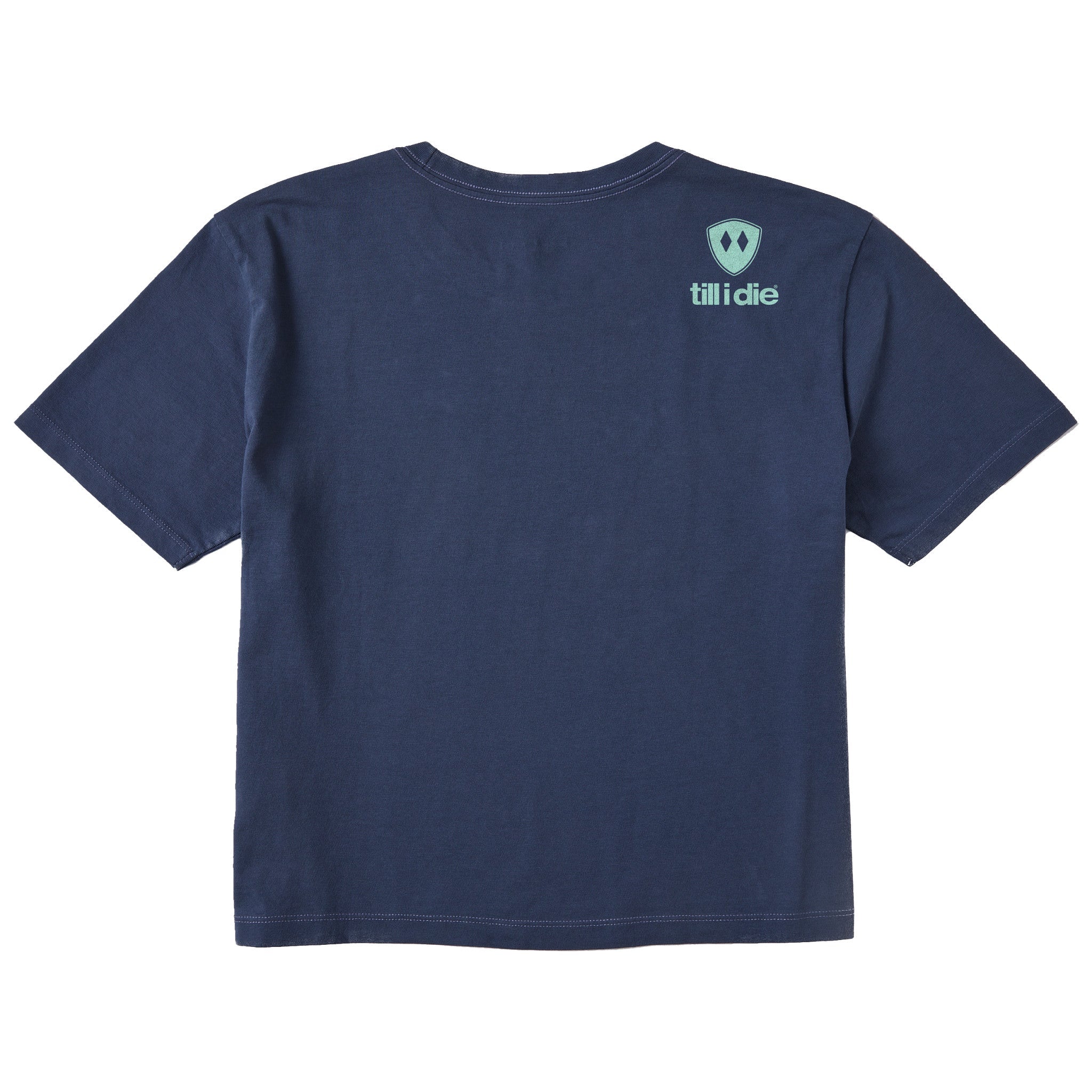 A navy cropped tee shirt shown from the back, featuring the double diamond shield logo and the text 'till i die' on the upper right shoulder, set against a plain white background.