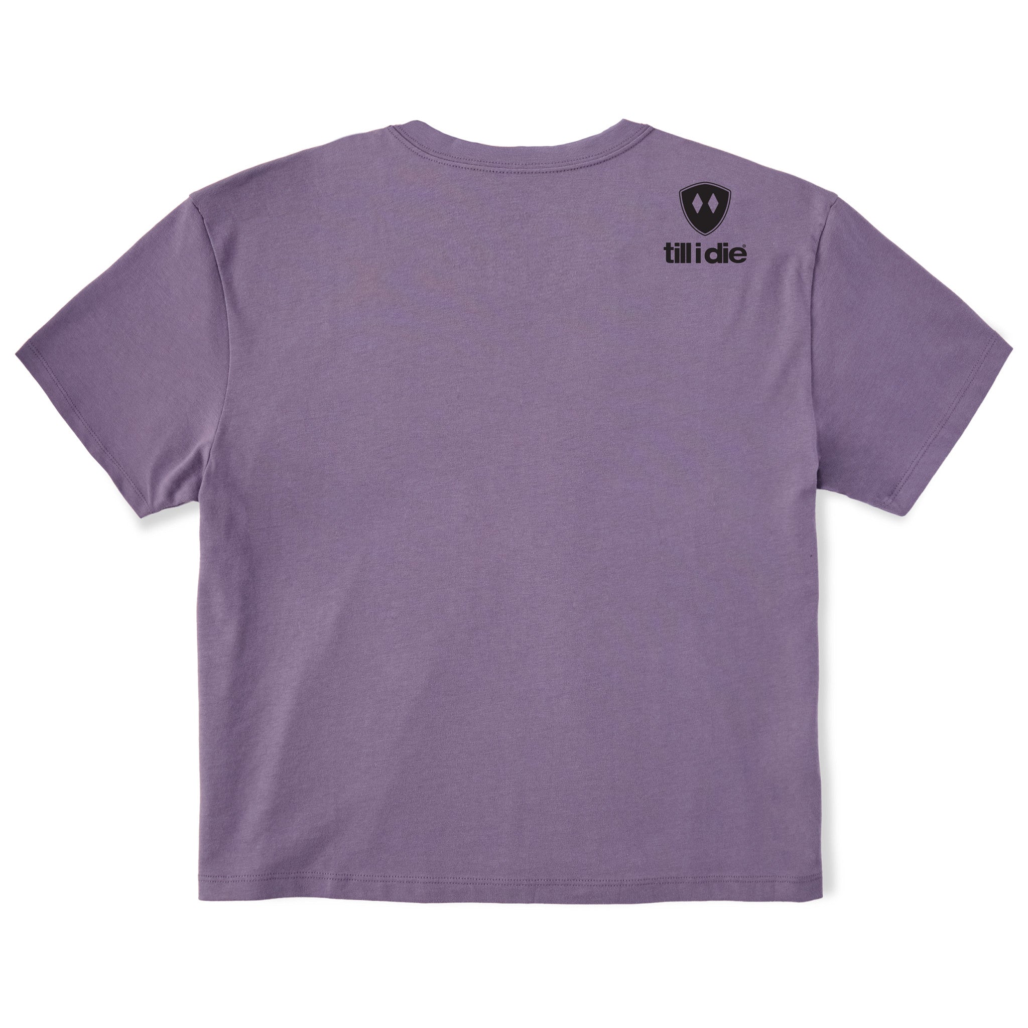 A faded purple cropped tee shirt shown from the back, featuring the double diamond shield logo and the text 'till i die' on the upper right shoulder, set against a plain white background.