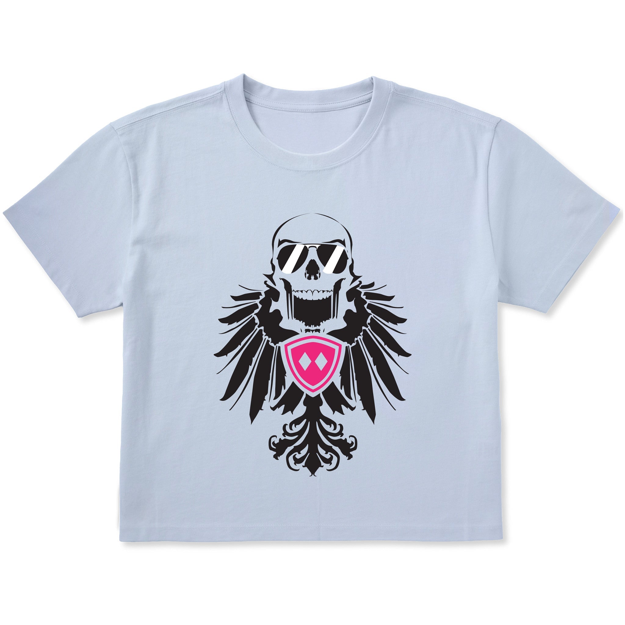 Light blue cropped short sleeve T-shirt featuring a bold black winged skull wearing sunglasses, finished with a bright pink Double Diamond shield at the center.