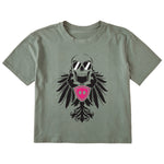 Military green cropped short sleeve T-shirt featuring a bold black winged skull wearing sunglasses, finished with a bright pink Double Diamond shield at the center.