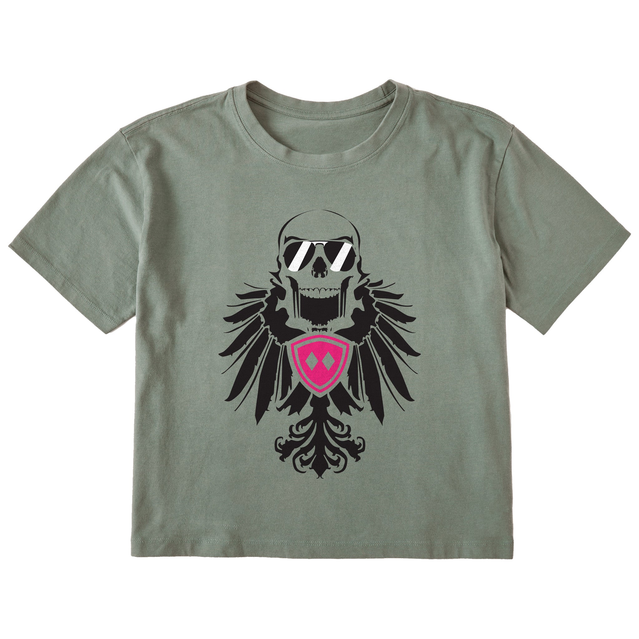 Military green cropped short sleeve T-shirt featuring a bold black winged skull wearing sunglasses, finished with a bright pink Double Diamond shield at the center.
