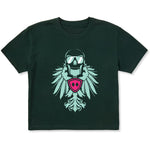 Forest green cropped short sleeve T-shirt featuring a bold teal winged skull wearing sunglasses, finished with a bright pink Double Diamond shield at the center.