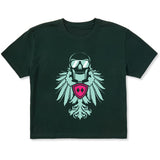Forest green cropped short sleeve T-shirt featuring a bold teal winged skull wearing sunglasses, finished with a bright pink Double Diamond shield at the center.
