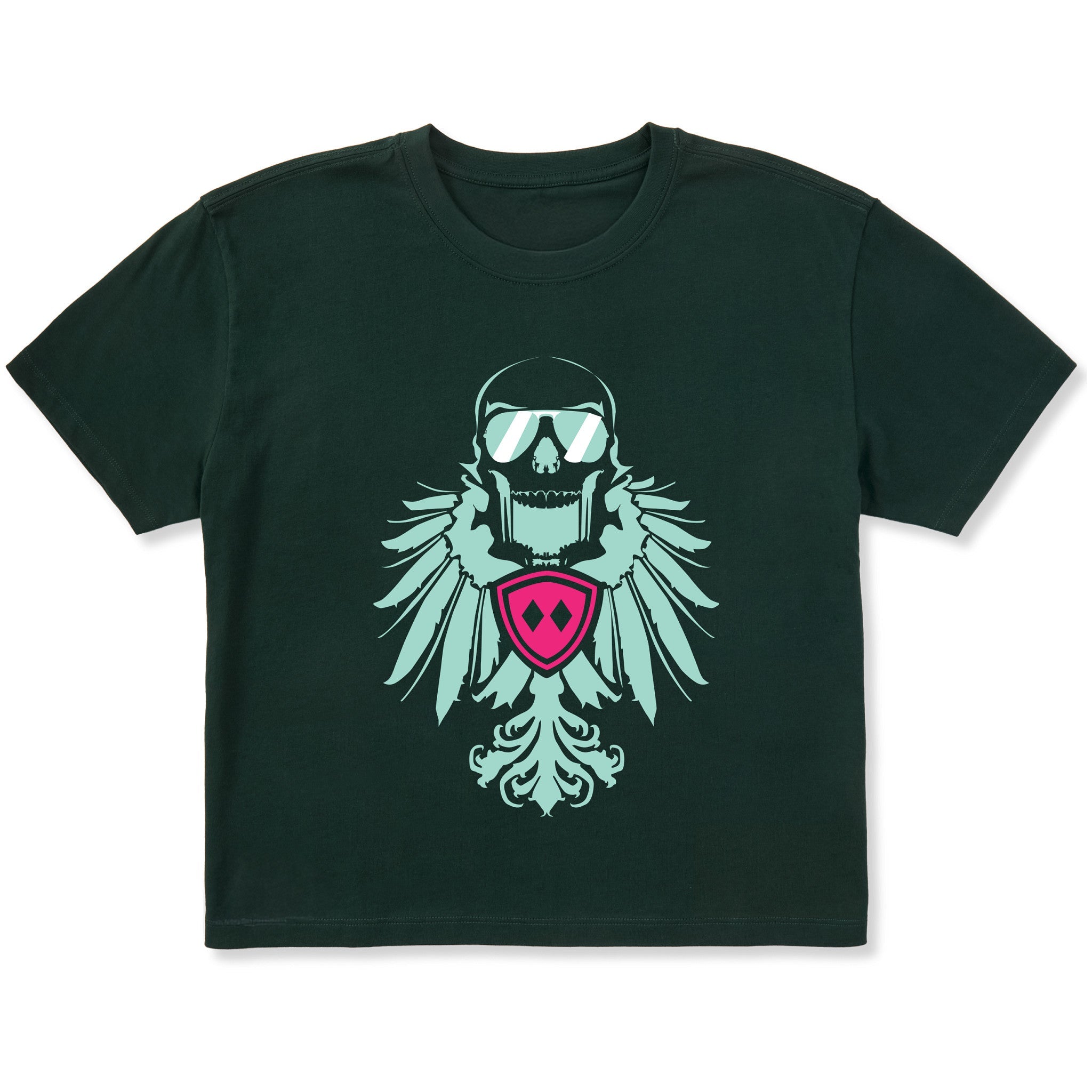 Forest green cropped short sleeve T-shirt featuring a bold teal winged skull wearing sunglasses, finished with a bright pink Double Diamond shield at the center.