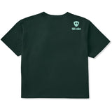 A forest green cropped tee shirt shown from the back, featuring the double diamond shield logo and the text 'till i die' on the upper right shoulder, set against a plain white background.