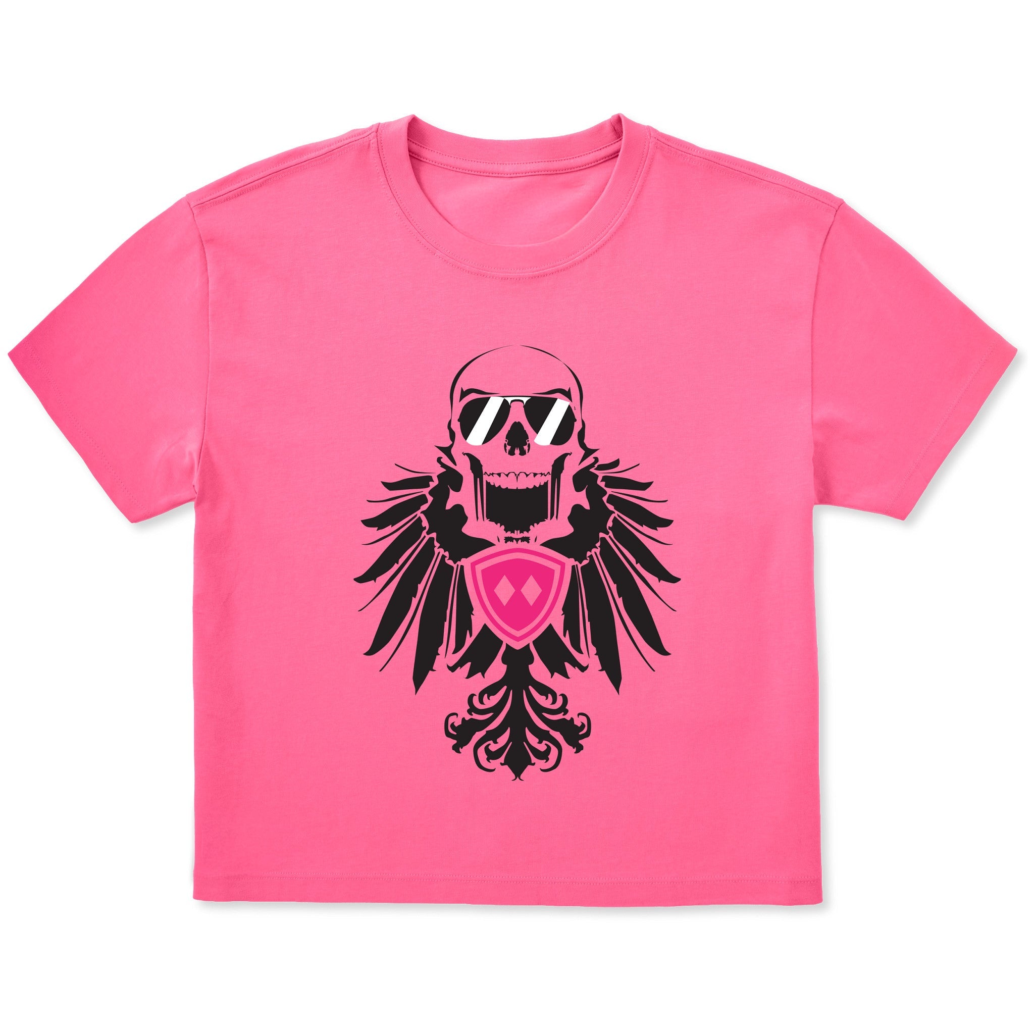 Bright pink cropped short sleeve T-shirt featuring a bold black winged skull wearing sunglasses, finished with a bright pink Double Diamond shield at the center.