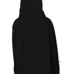 Back view of black softshell pullover hoodie with hood up, showing clean seam lines and longer hem for coverage.