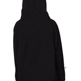 Back view of black softshell pullover hoodie with hood up, showing clean seam lines and longer hem for coverage.