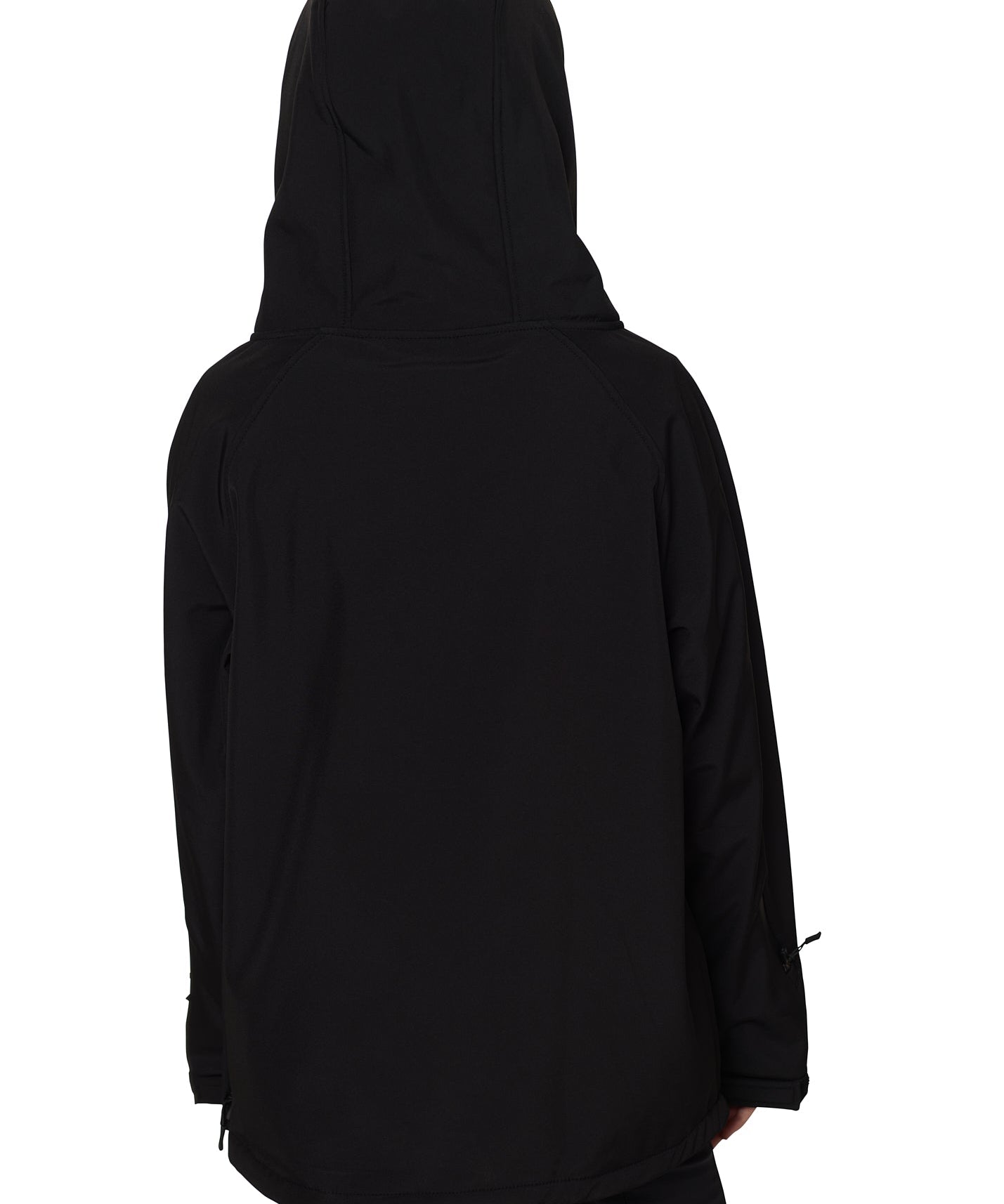 Back view of black softshell pullover hoodie with hood up, showing clean seam lines and longer hem for coverage.