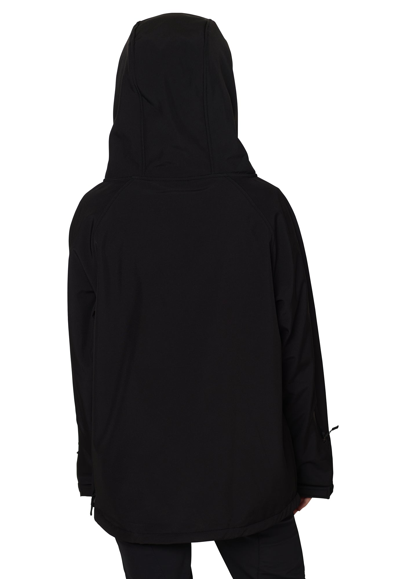 Back view of black softshell pullover hoodie with hood up, showing clean seam lines and longer hem for coverage.