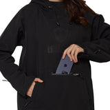 Model placing smartphone into front waterproof zipper pocket of Till I Die black pullover.