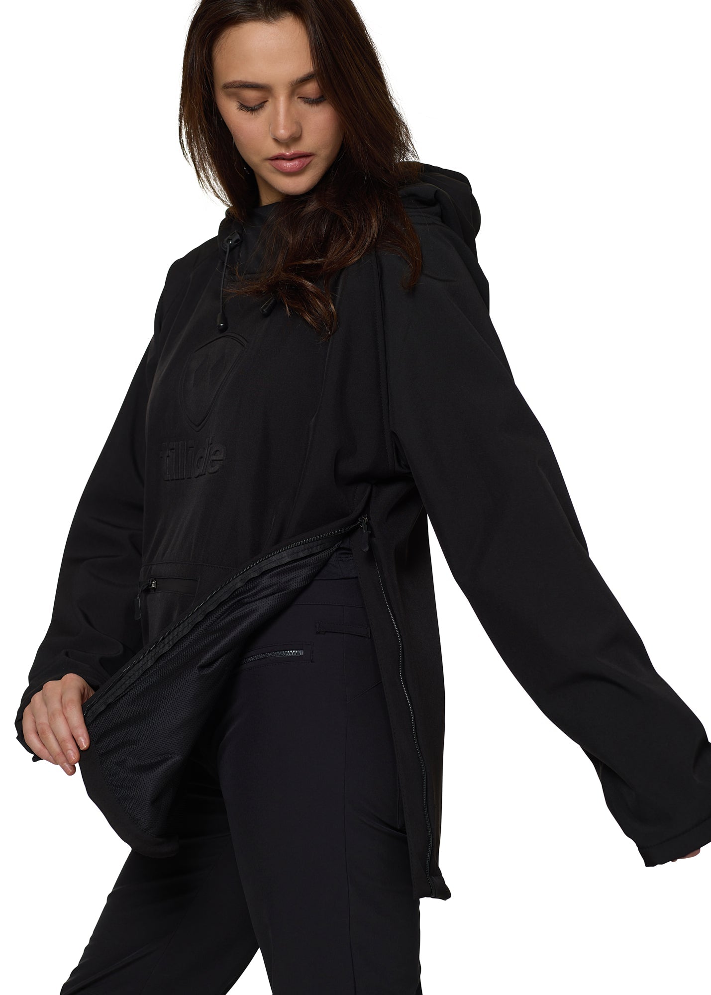 Side view showing open zipper and interior fleece lining of black Till I Die pullover jacket