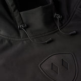 Close-up of helmet-compatible hood and drawcords on black performance pullover