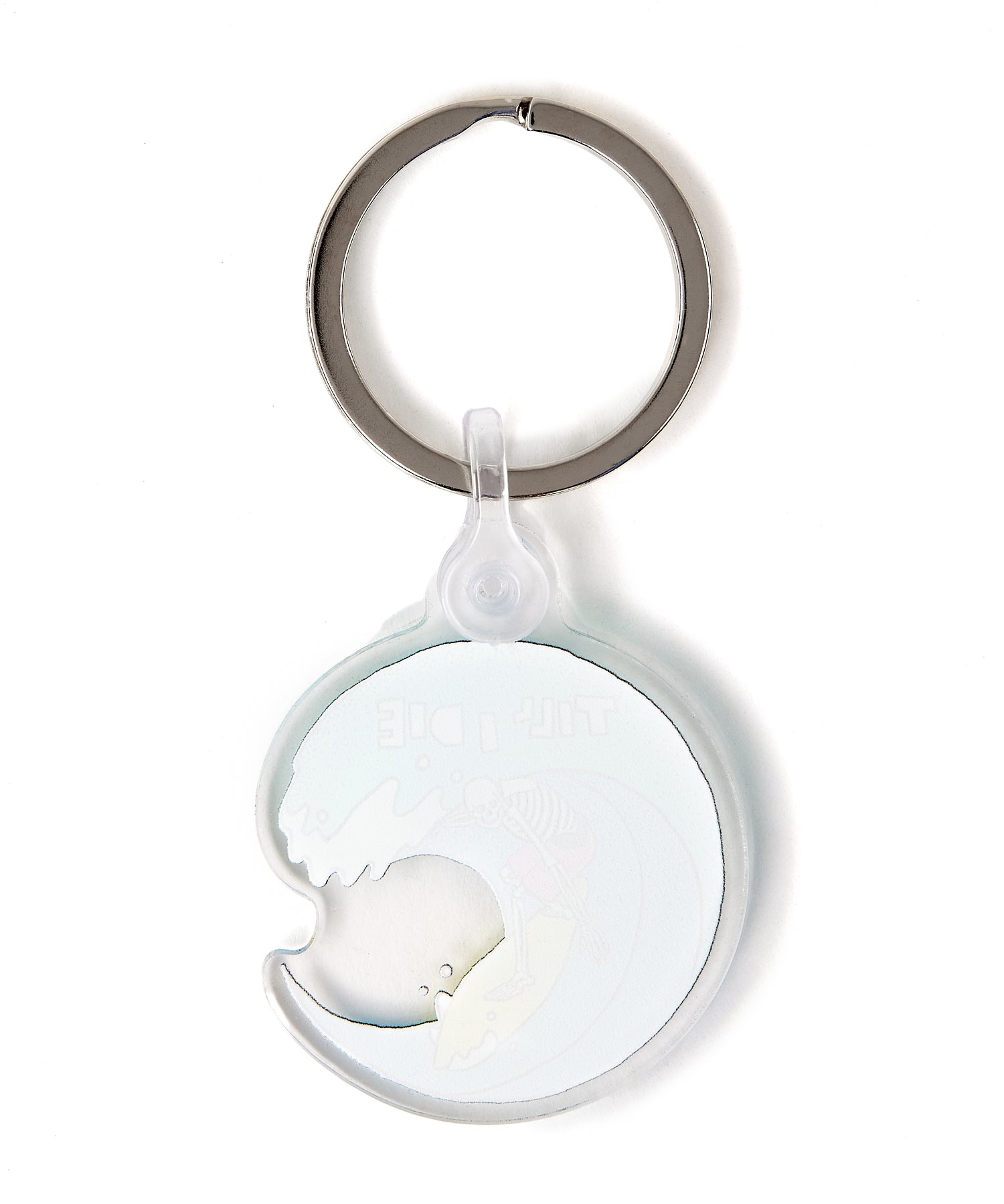 Back view of the Surfer Skeleton keychain on a white background, showing a solid white fill and a plastic clip fastener at the top.